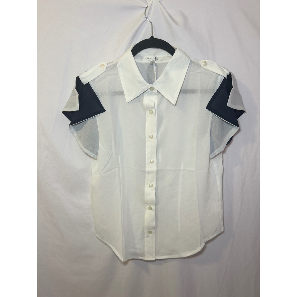 White Navy Nautical Blouse L Tux Style Epaulette Preppy Tie Neck Tulip B NWT